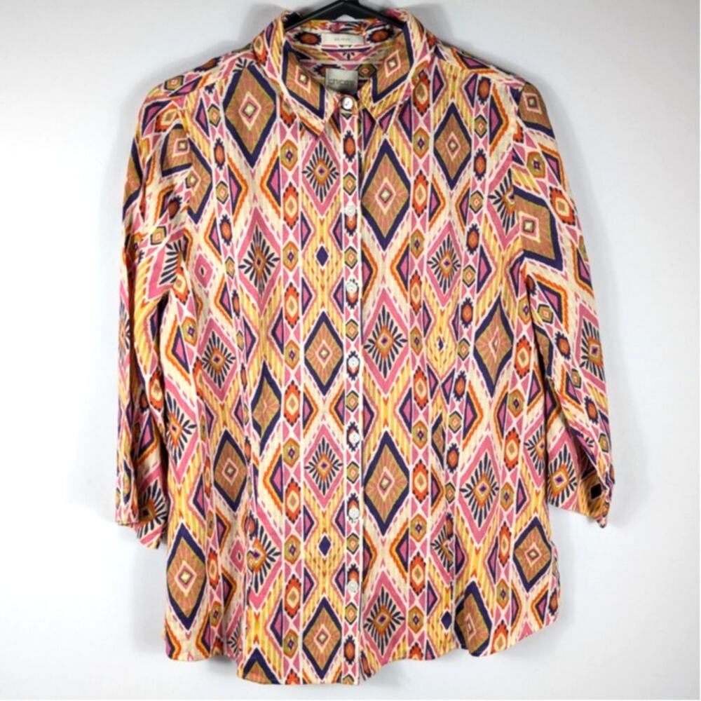 Chicos 0 Womens Geometric Print Multicolor Cotton Button Front Blouse 3/4 Sleeve